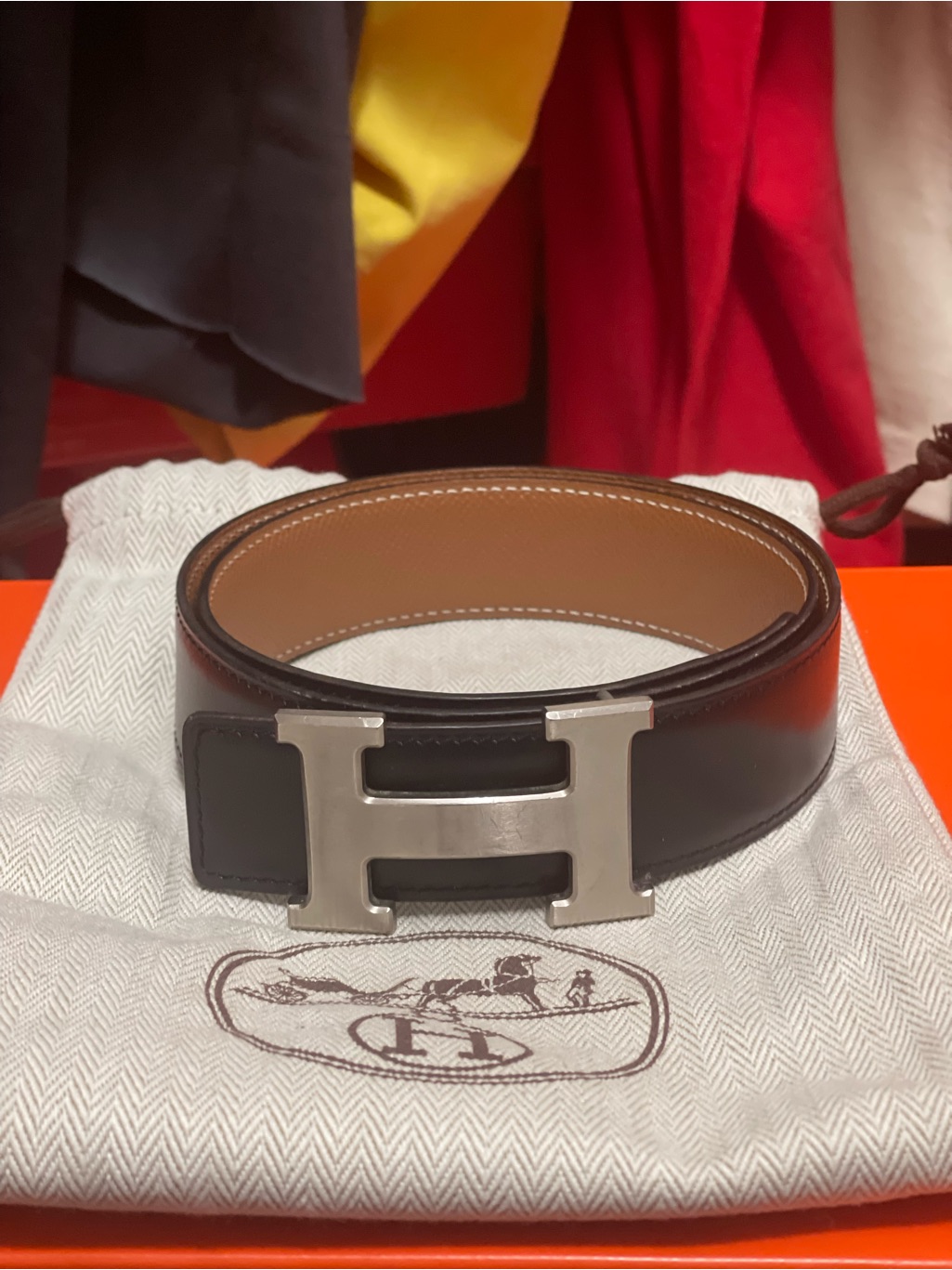 Hermes Women’s Reversible Black/Tan Leather H Belt- Preloved Size 70